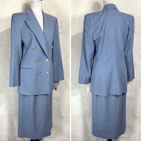 Vintage Talbots Wool Midi Skirt Suit 10 Fit 6 8 Blue Double Breasted Gold Button - Picture 3 of 16
